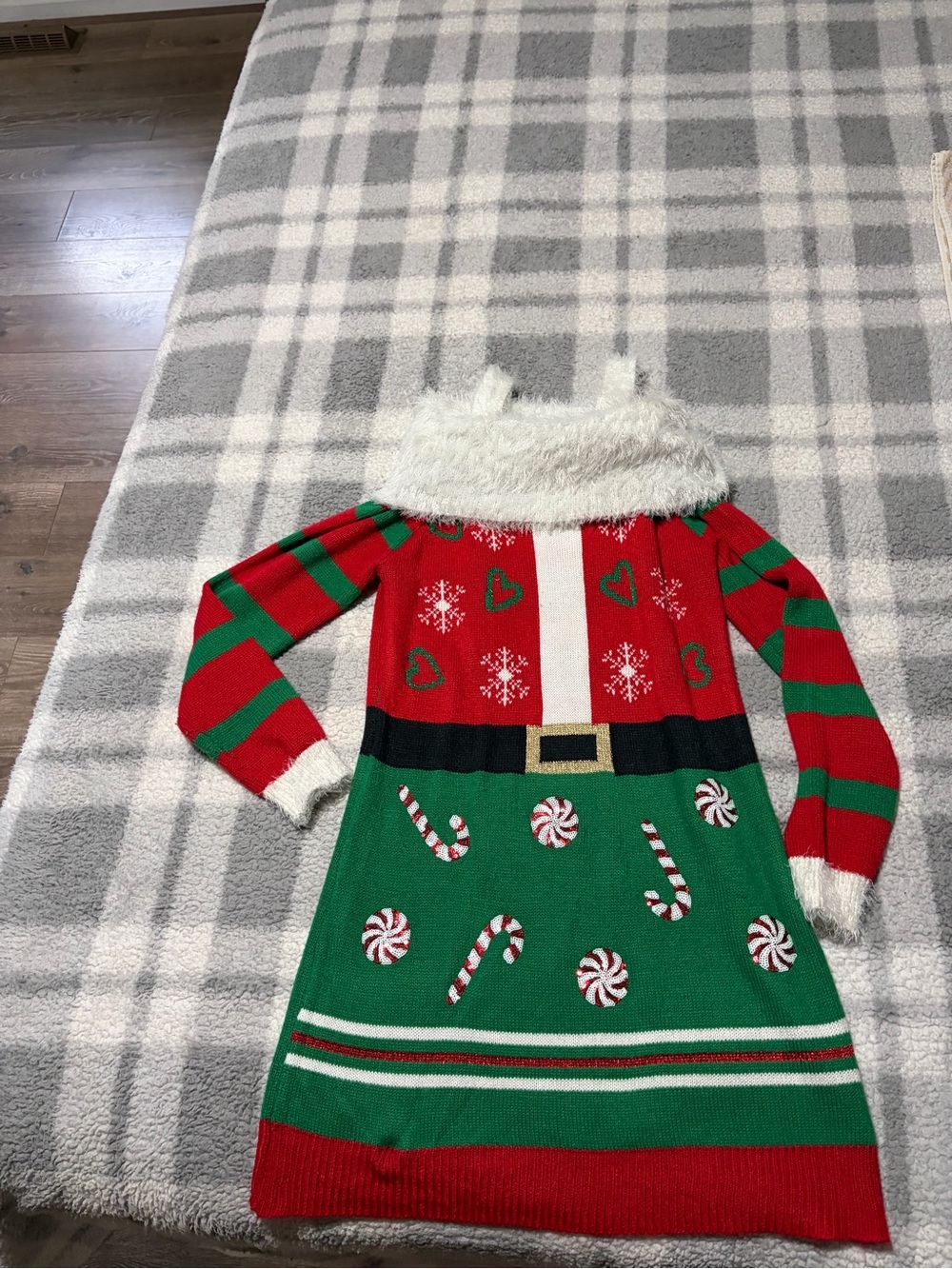 It's Our Time Red, Green & White Holiday Sweater Dress with Fuzzy Collar
